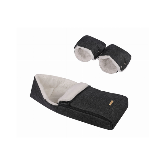SOOSIE Winter Kinderwagen Voetenzak + Handmof – Zwart Melange & Teddy Crème – Universeel – Waterproof – 110 cm