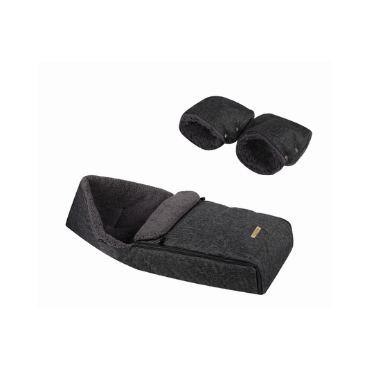 SOOSIE - Winter Kinderwagen Voetenzak + Handmof – Zwart Melange & Grijs Teddy – Universeel – Waterproof – 110 cm