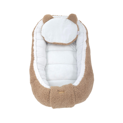 Soosie - Baby Nestje - Babynestje - Zacht en Veilig - Bruin Teddy Katoen en Witte Katoen