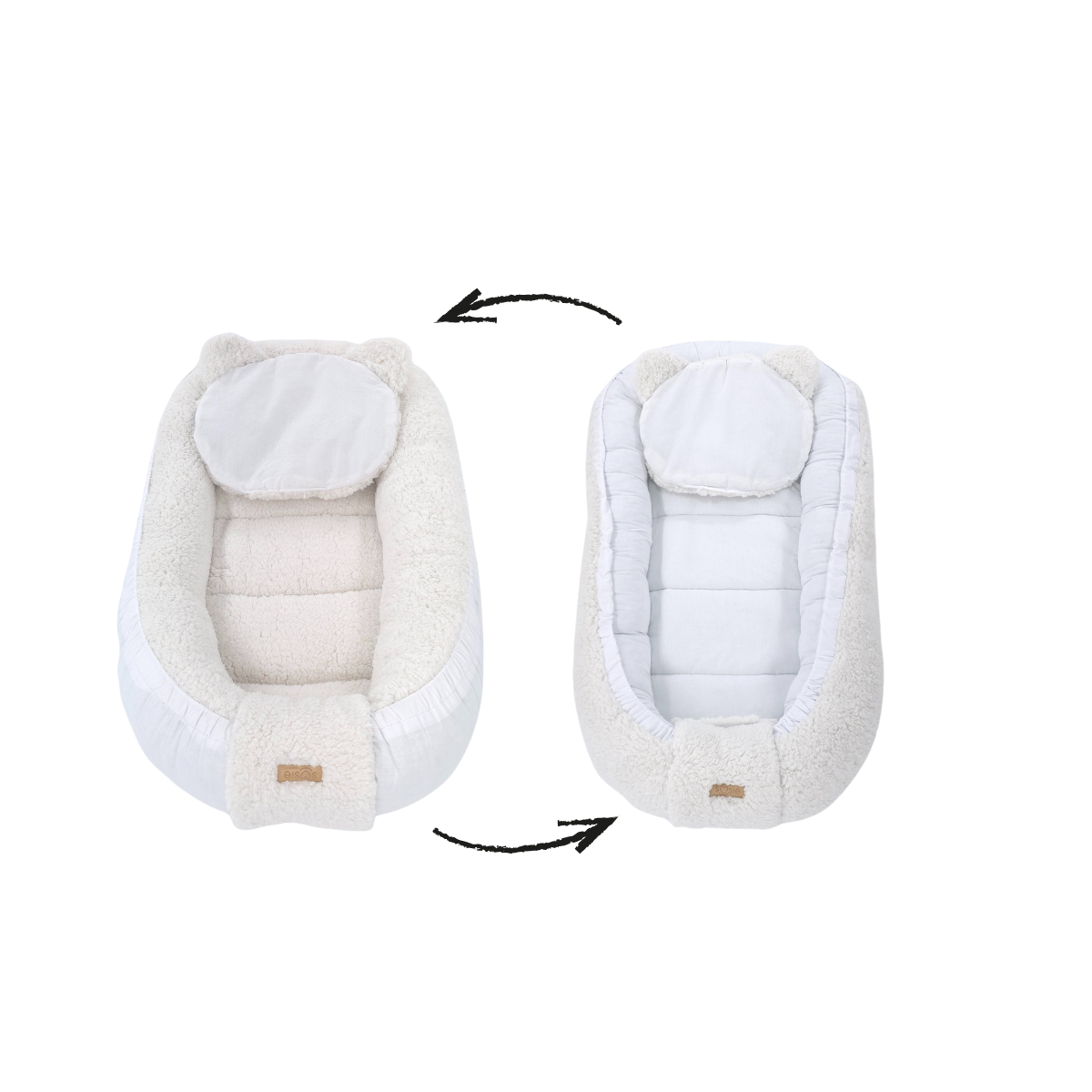 Soosie babynestje dubbelzijdig, crème teddy met wit katoen, detail