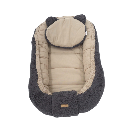Soosie - Babynestje - Dubbelzijdig - Teddy Grijs met Bruine Katoen - Comfortabel en Veilig