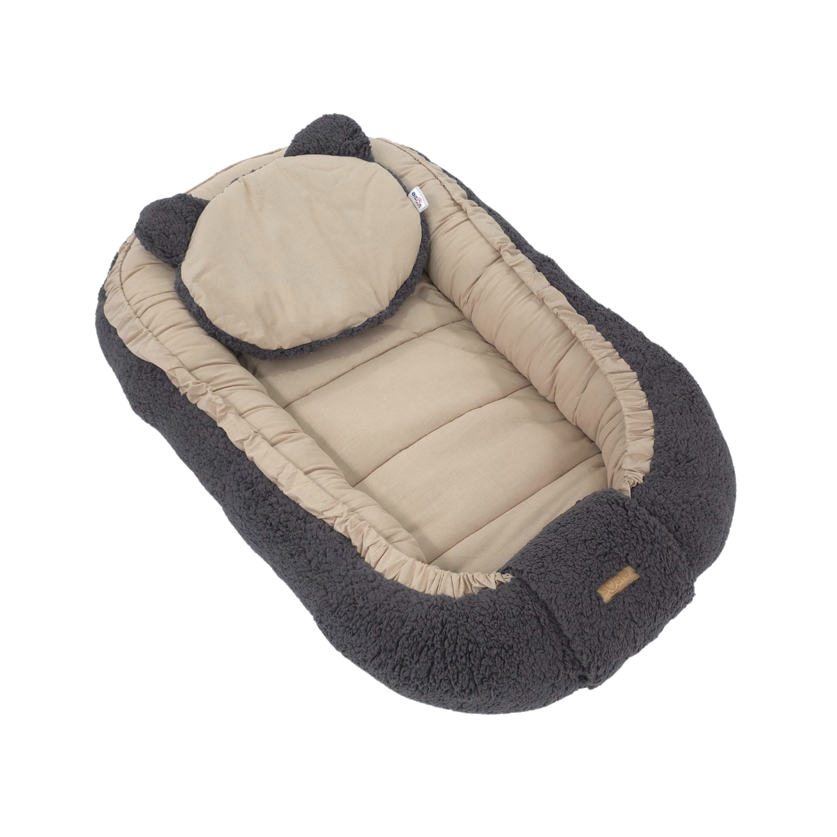 Soosie - Babynestje - Dubbelzijdig - Teddy Grijs met Bruine Katoen - Comfortabel en Veilig