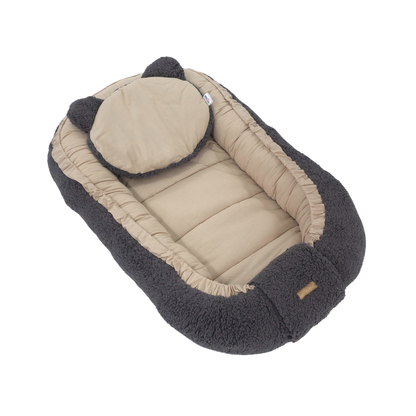 Soosie - Babynestje - Dubbelzijdig - Teddy Grijs met Bruine Katoen - Comfortabel en Veilig