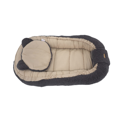 Soosie - Babynestje - Dubbelzijdig - Teddy Grijs met Bruine Katoen - Comfortabel en Veilig