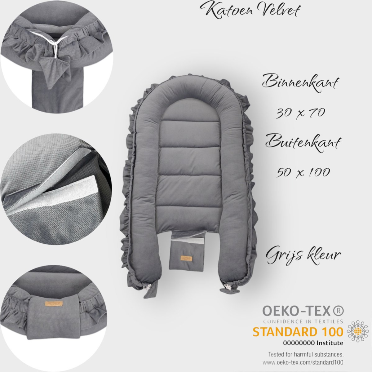 Babynestje - GLAMOUR - Babynest SET met kussen - VELVET - Grijs