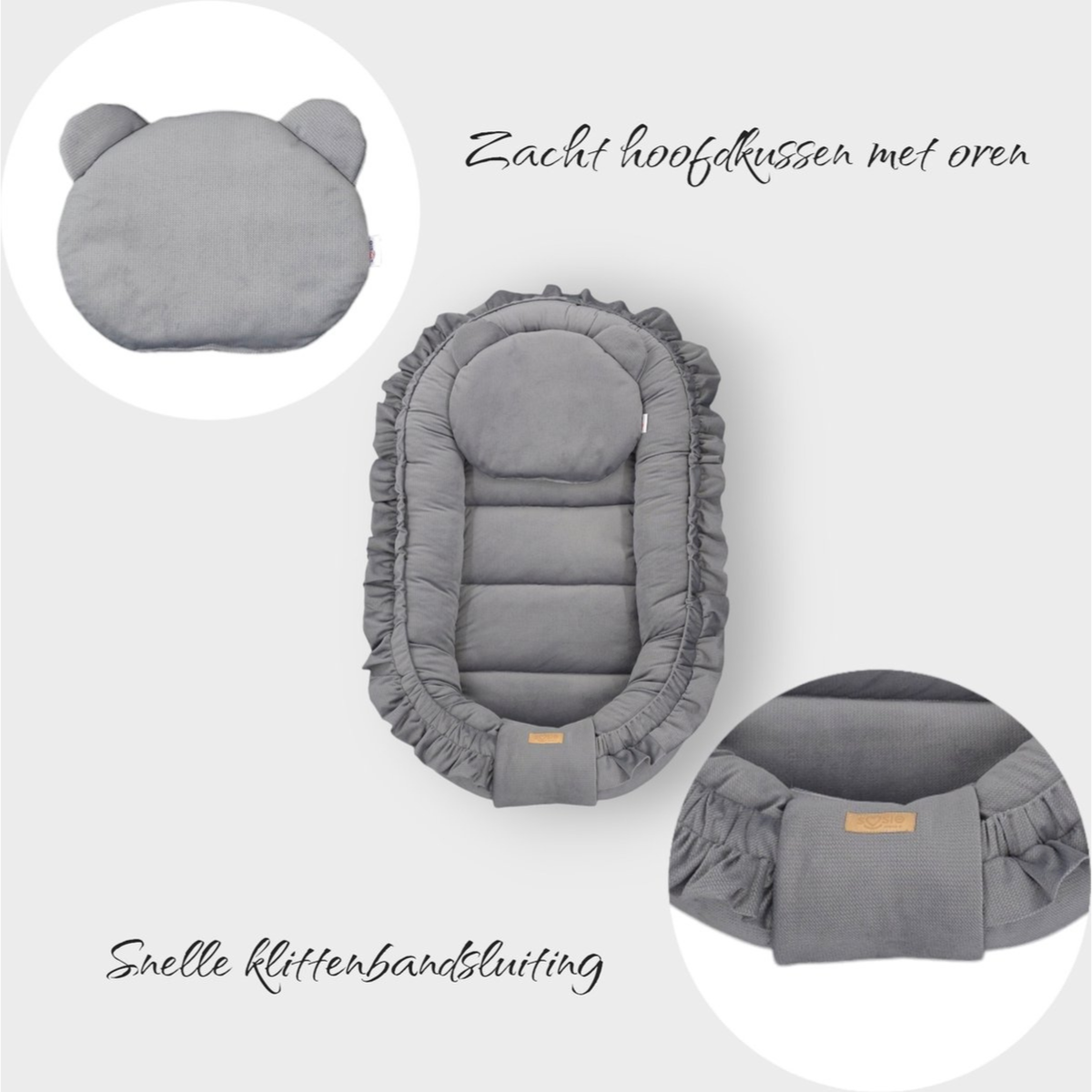 Babynestje - GLAMOUR - Babynest SET met kussen - VELVET - Grijs