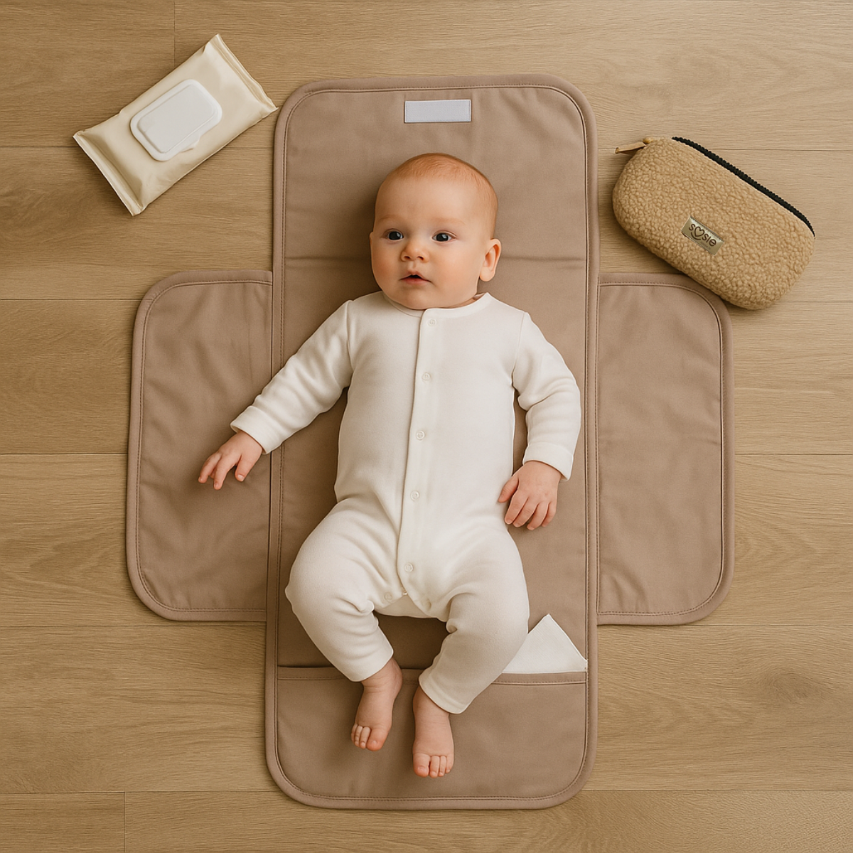 Soosie - Opvouwbaar Waterdicht Verschoonmatje – Reisverschoonmat Baby 70×55 cm – Beige – Met Vakje & Klittenbandsluiting