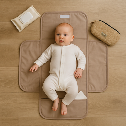 Soosie - Opvouwbaar Waterdicht Verschoonmatje – Reisverschoonmat Baby 70×55 cm – Beige – Met Vakje & Klittenbandsluiting