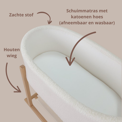 Soosie - Teddy Bouclé - Mozesmand - Baby Wieg met Schommelbasis - Natuurlijk Beukenhout – Cream – 75×36 – Met Matras