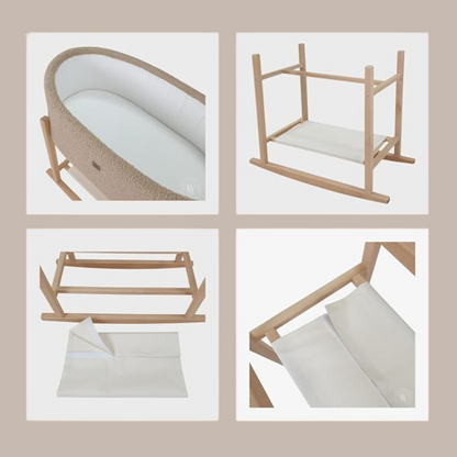 Soosie - Teddy Bouclé - Mozesmand - Baby Wieg met Schommelbasis - Natuurlijk Beukenhout – Grijs – 75×36 – Met Matras