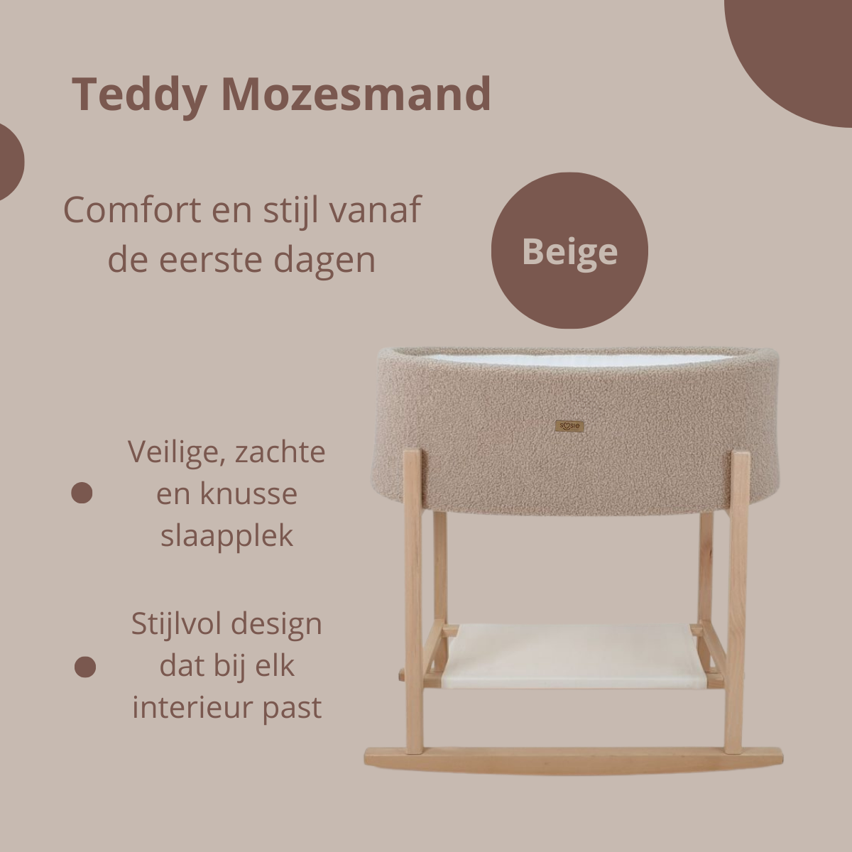 Soosie - Teddy Bouclé - Mozesmand - Baby Wieg met Schommelbasis - Natuurlijk Beukenhout – Beige – 75×36 – Met Matras