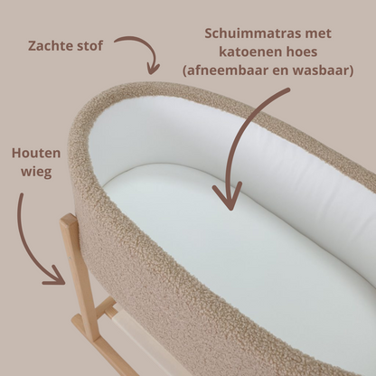 Soosie - Teddy Bouclé - Mozesmand - Baby Wieg met Schommelbasis - Natuurlijk Beukenhout – Beige – 75×36 – Met Matras