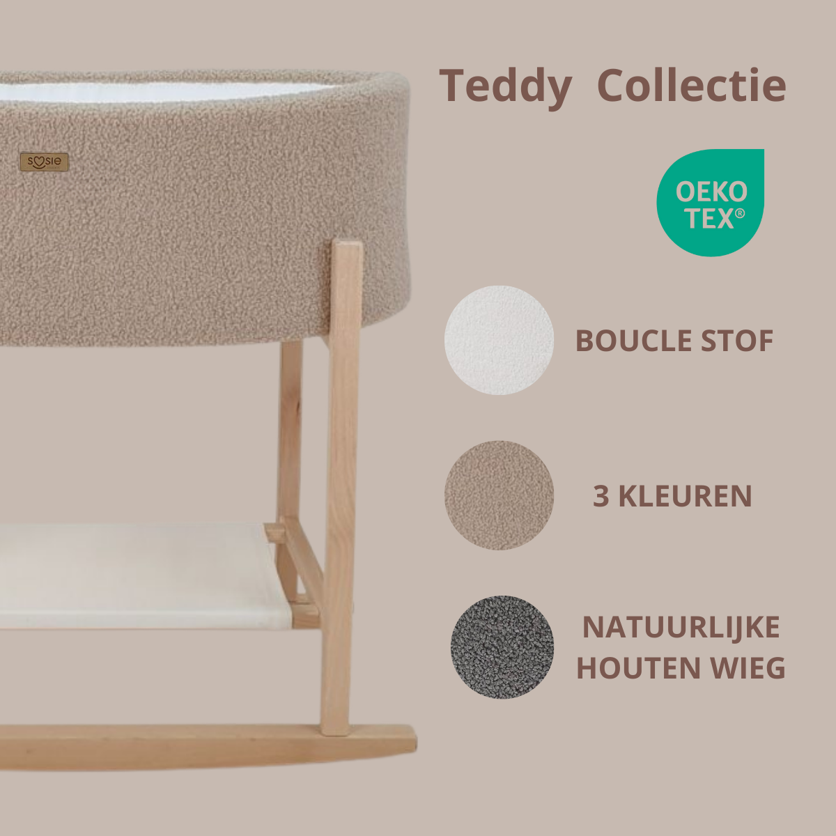 Soosie - Teddy Bouclé - Mozesmand - Baby Wieg met Schommelbasis - Natuurlijk Beukenhout – Beige – 75×36 – Met Matras