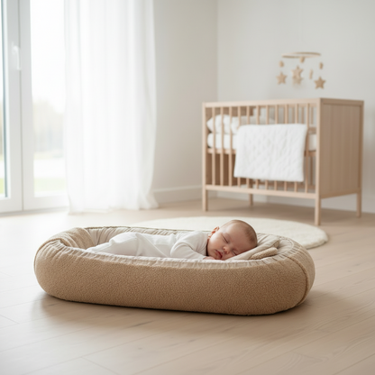 Soosie babynestje dubbelzijdig, bruin teddy met bruin katoen, 90x50 cm