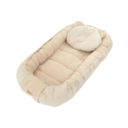 Soosie Babynestje met kussentje – Katoen & Mousseline – Dubbelzijdig – Beige – 90×50 cm - Verstelbaar met Strikkoorden – OEKO-TEX®, Anti-allergeen, Made in EU