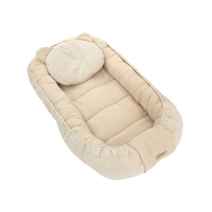 Soosie Babynestje met kussentje – Katoen & Mousseline – Dubbelzijdig – Beige – 90×50 cm - Verstelbaar met Strikkoorden – OEKO-TEX®, Anti-allergeen, Made in EU