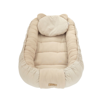 Soosie Babynestje met kussentje – Katoen & Mousseline – Dubbelzijdig – Beige – 90×50 cm - Verstelbaar met Strikkoorden – OEKO-TEX®, Anti-allergeen, Made in EU