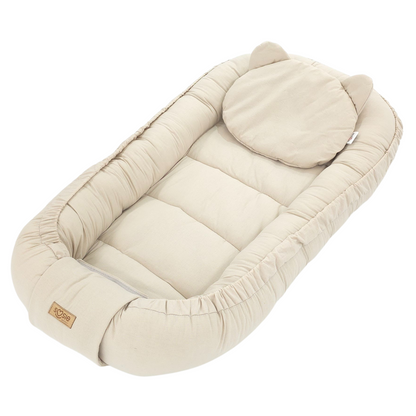 Soosie Babynestje – Katoen – Beige – 90×50 cm, Verstelbaar met Strikkoorden – Inclusief Kussentje – OEKO-TEX®, Anti-allergeen, Made in EU