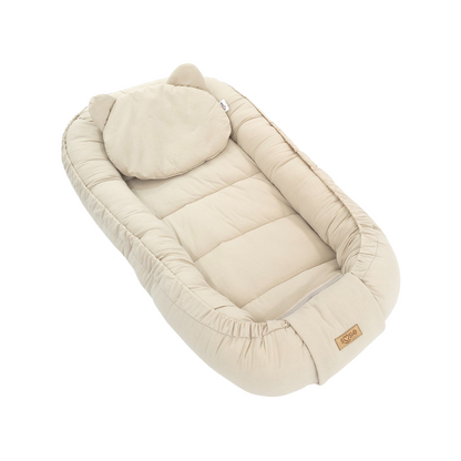 Soosie Babynestje – Katoen – Beige – 90×50 cm, Verstelbaar met Strikkoorden – Inclusief Kussentje – OEKO-TEX®, Anti-allergeen, Made in EU