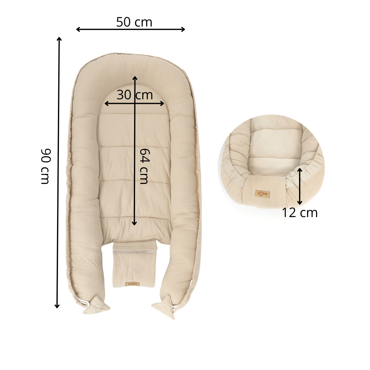 Soosie Babynestje met kussentje – Katoen & Mousseline – Dubbelzijdig – Beige – 90×50 cm - Verstelbaar met Strikkoorden – OEKO-TEX®, Anti-allergeen, Made in EU