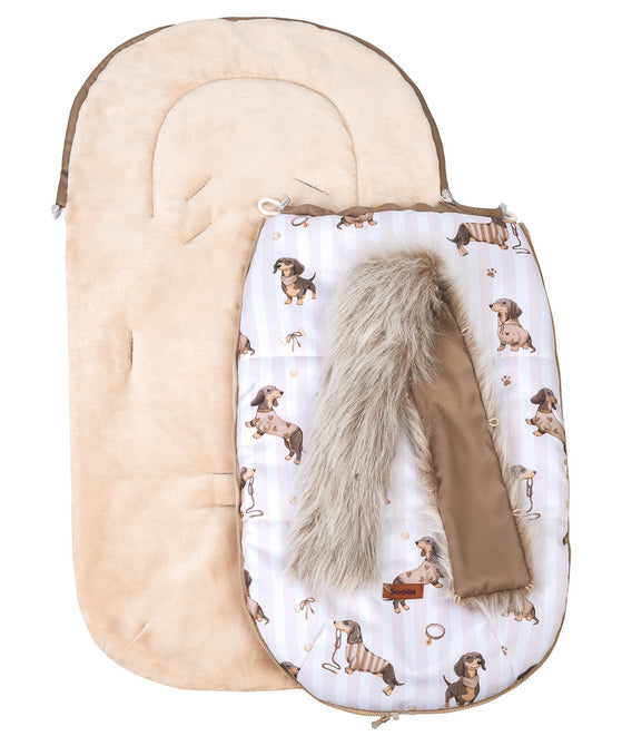 Sensillo North 3-in-1 wintervoetenzak 100 x 45 cm met capuchon en afneembaar bont Hondjes beige