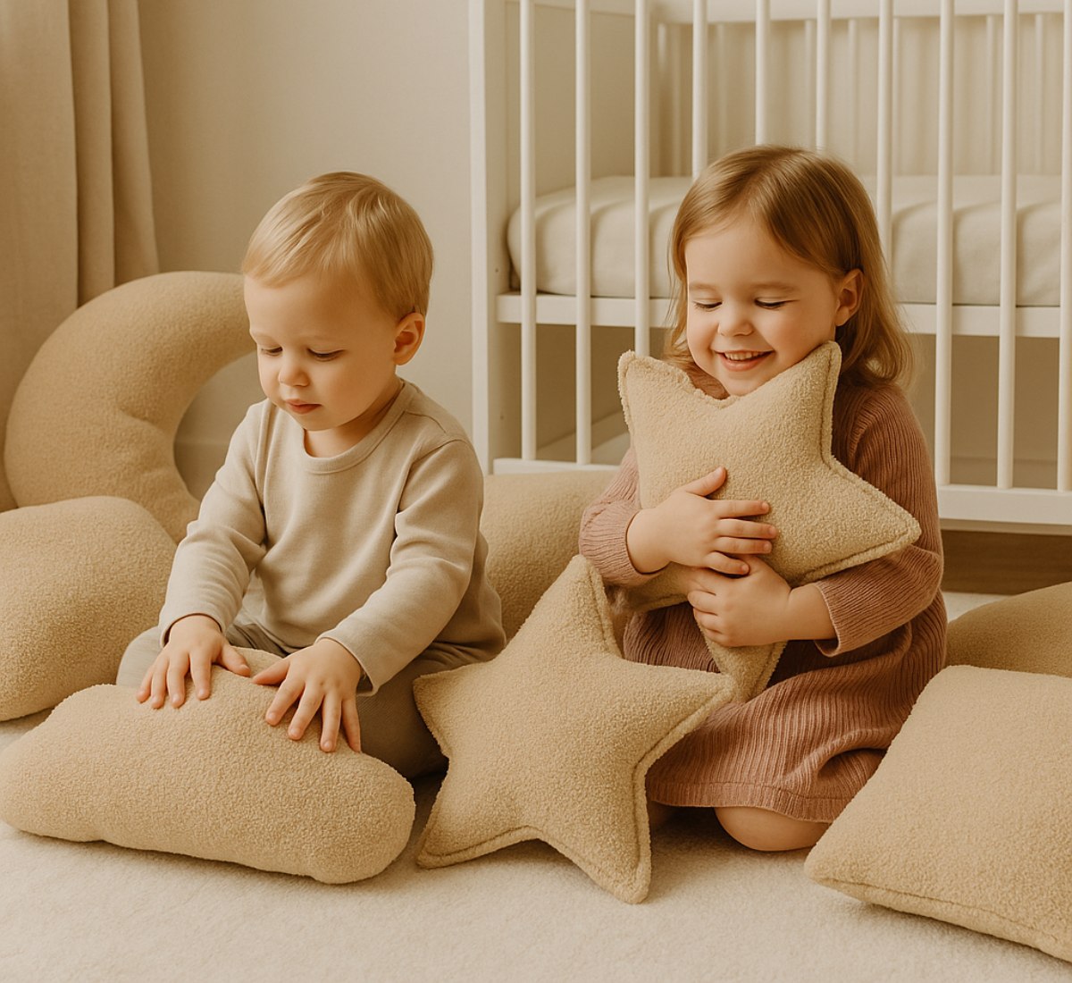 Twee kinderen spelen op de grond met Soosie sierkussens van teddy boucle in ster-, wolk- en maanvorm, naast een wit ledikant