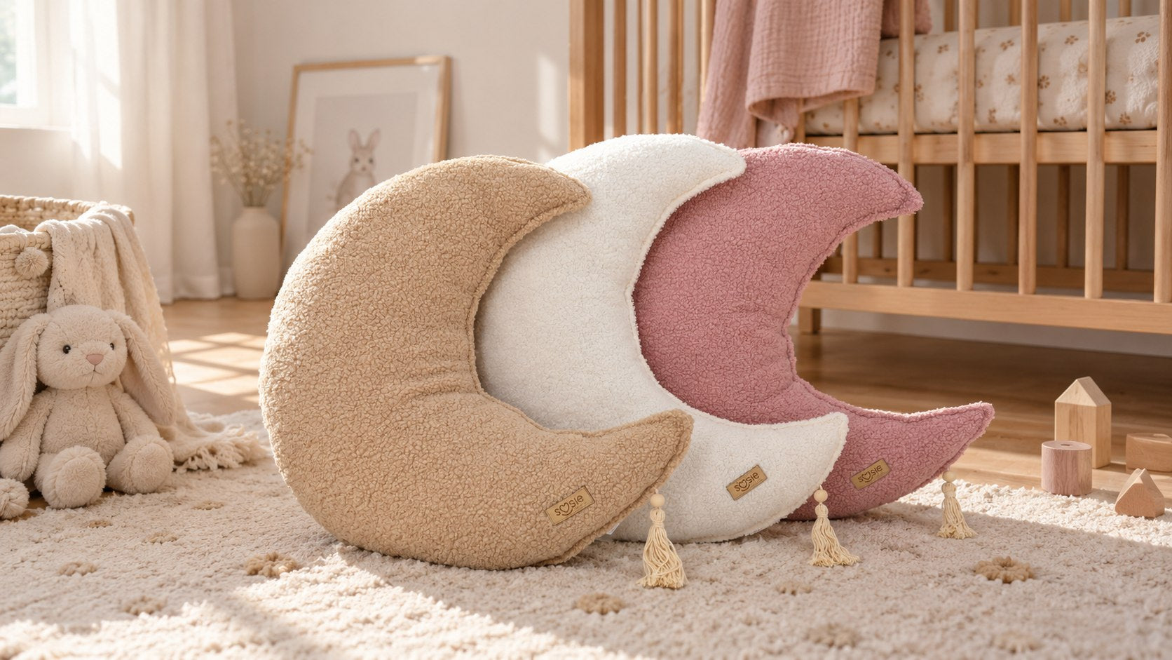 Drie Soosie maankussens van teddy bouclé in beige, crème en roze op een vloerkleed in een babykamer