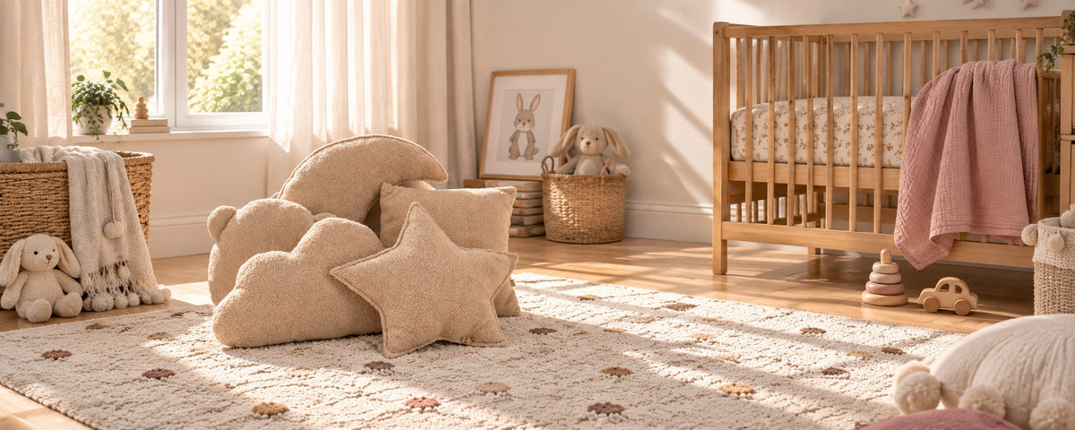 Soosie sierkussens van teddy bouclé in beige: wolk, maan en ster op een vloerkleed in een lichte babykamer