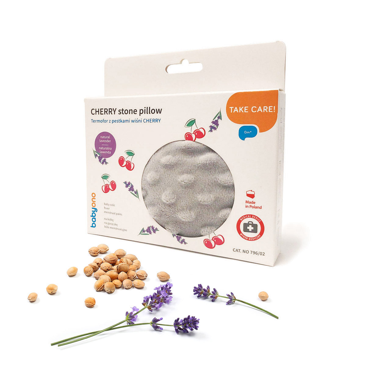 BabyOno kersenpitkussen met lavendel, grijze minky hoes