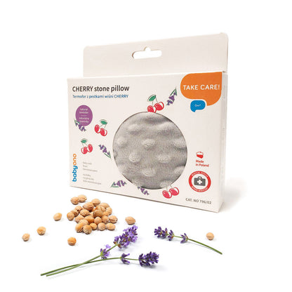 BabyOno kersenpitkussen met lavendel, grijze minky hoes
