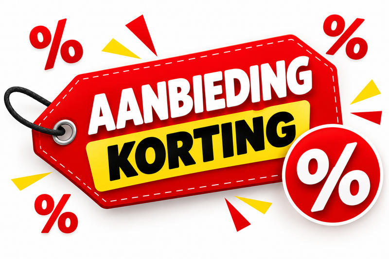 Rood prijskaartje met de tekst Aanbieding Korting en procenttekens