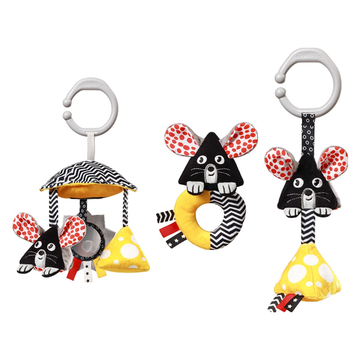 MOUSE cadeauset: kinderwagenspeeltje, rammelaar en hangspeeltje