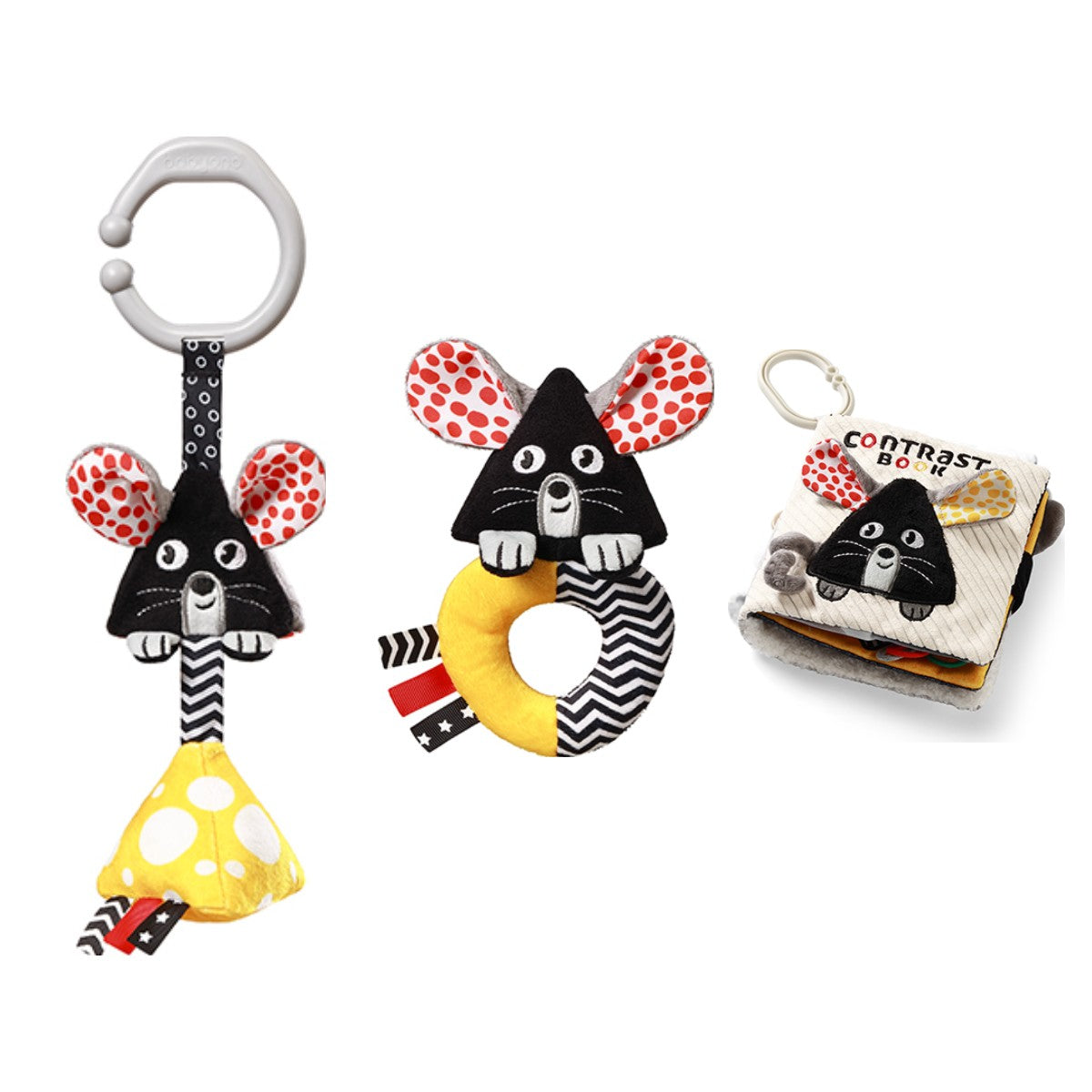 MOUSE set: rammelaar, hangspeeltje en contrastboekje