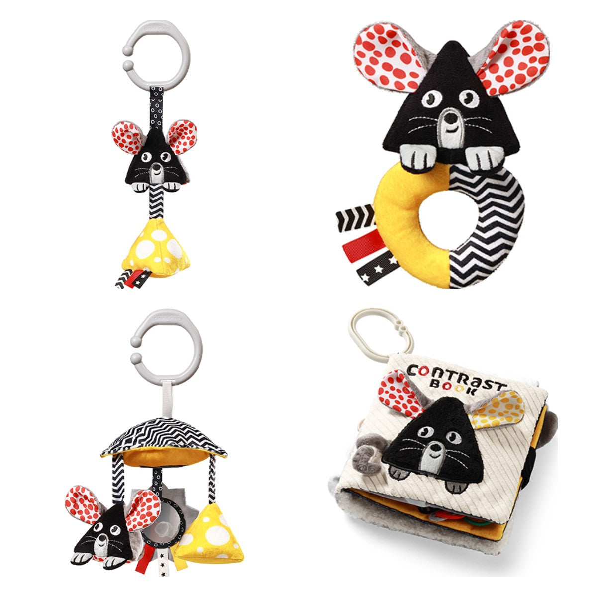 MOUSE set: kinderwagenspeeltje, rammelaar, hangspeeltje en contrastboekje