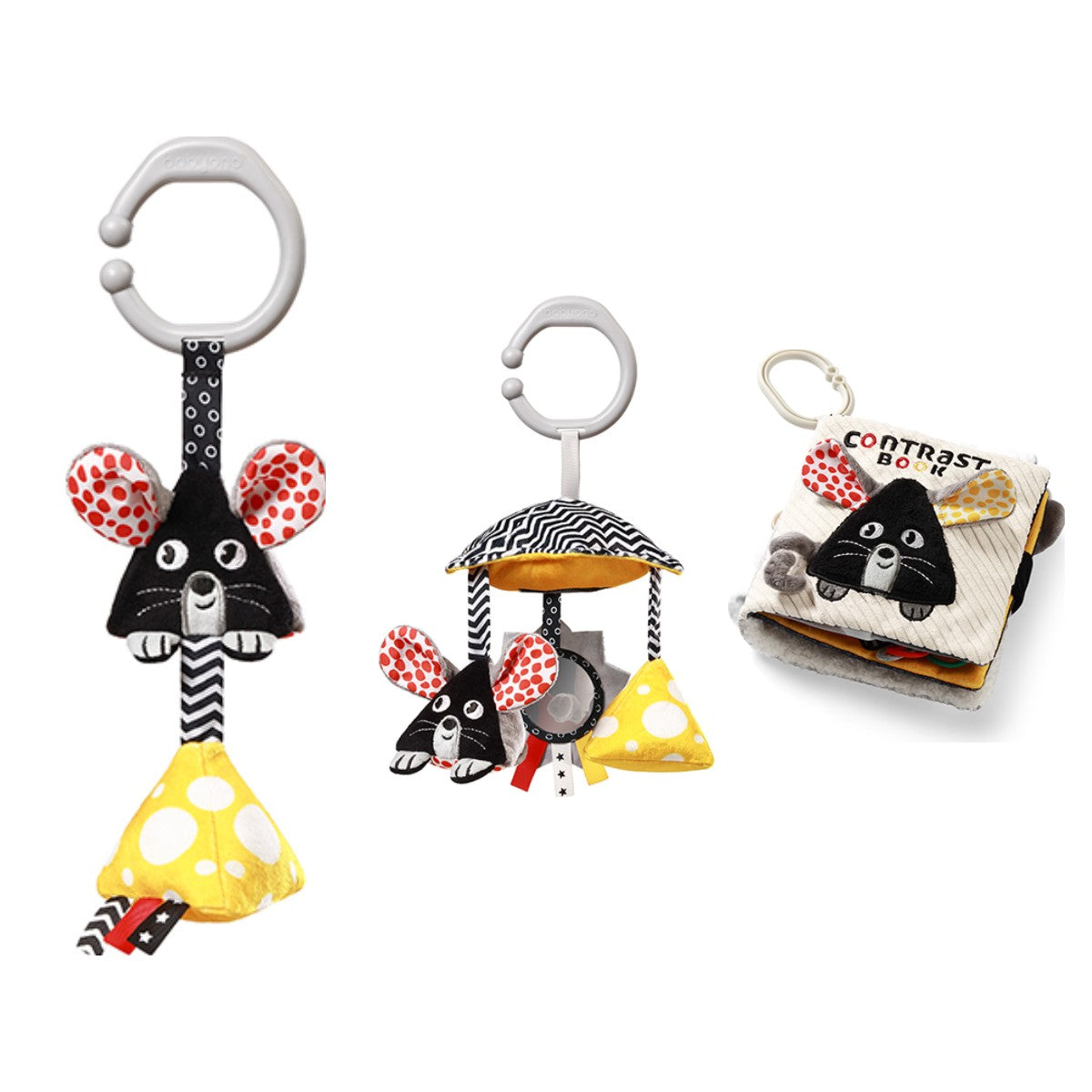 MOUSE set: kinderwagenspeeltje, hangspeeltje en contrastboekje