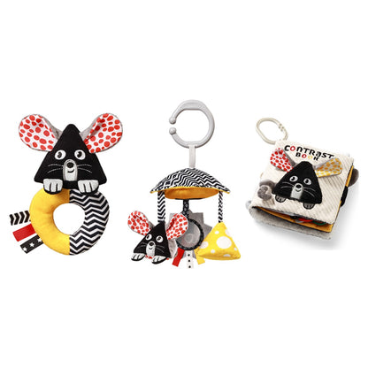 MOUSE set: kinderwagenspeeltje, rammelaar en contrastboekje