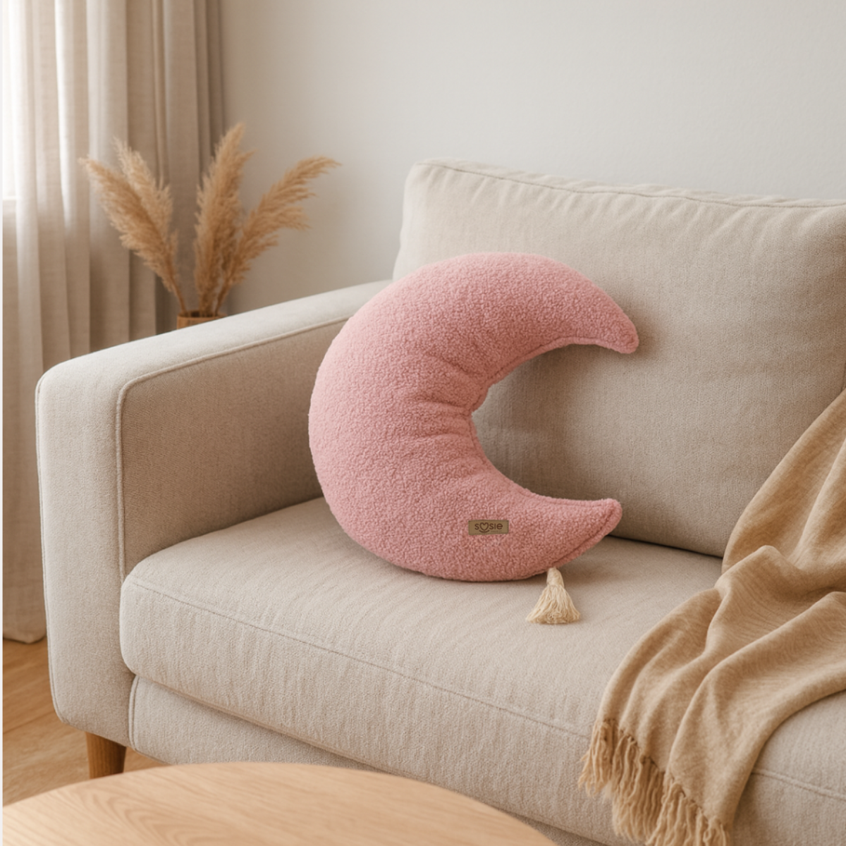 Sierkussen Maan – Kussentje - Teddy Bouclé – Ø 50 cm – Zacht Roze – Met Kwastje