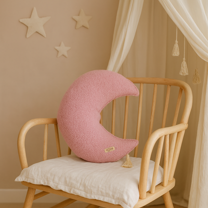Sierkussen Maan – Kussentje - Teddy Bouclé – Ø 50 cm – Zacht Roze – Met Kwastje