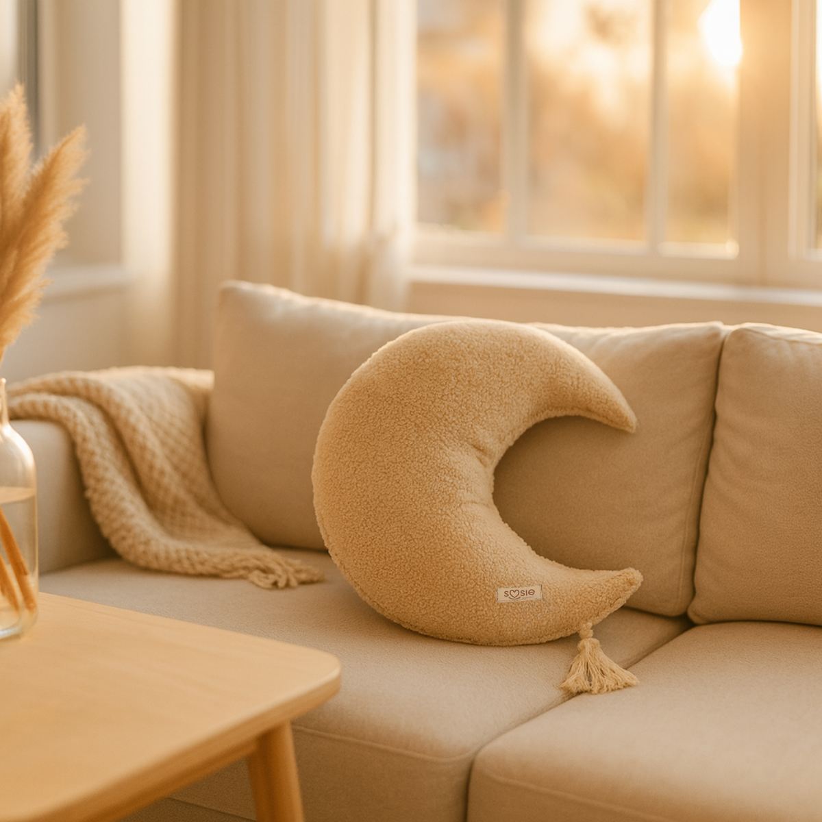 Sierkussen Maan – Kussentje - Teddy Bouclé – Ø 50 cm – Beige – met kwastje