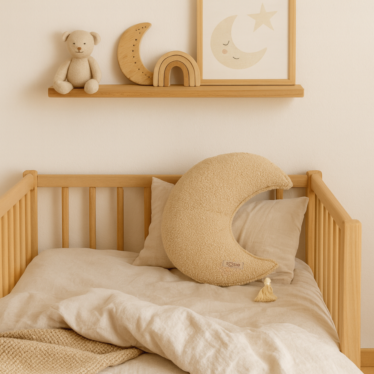 Sierkussen Maan – Kussentje - Teddy Bouclé – Ø 50 cm – Beige – met kwastje