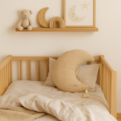 Sierkussen Maan – Kussentje - Teddy Bouclé – Ø 50 cm – Beige – met kwastje