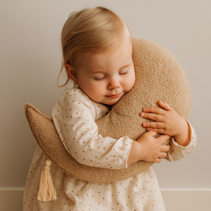 Sierkussen Maan – Kussentje - Teddy Bouclé – Ø 50 cm – Beige – met kwastje