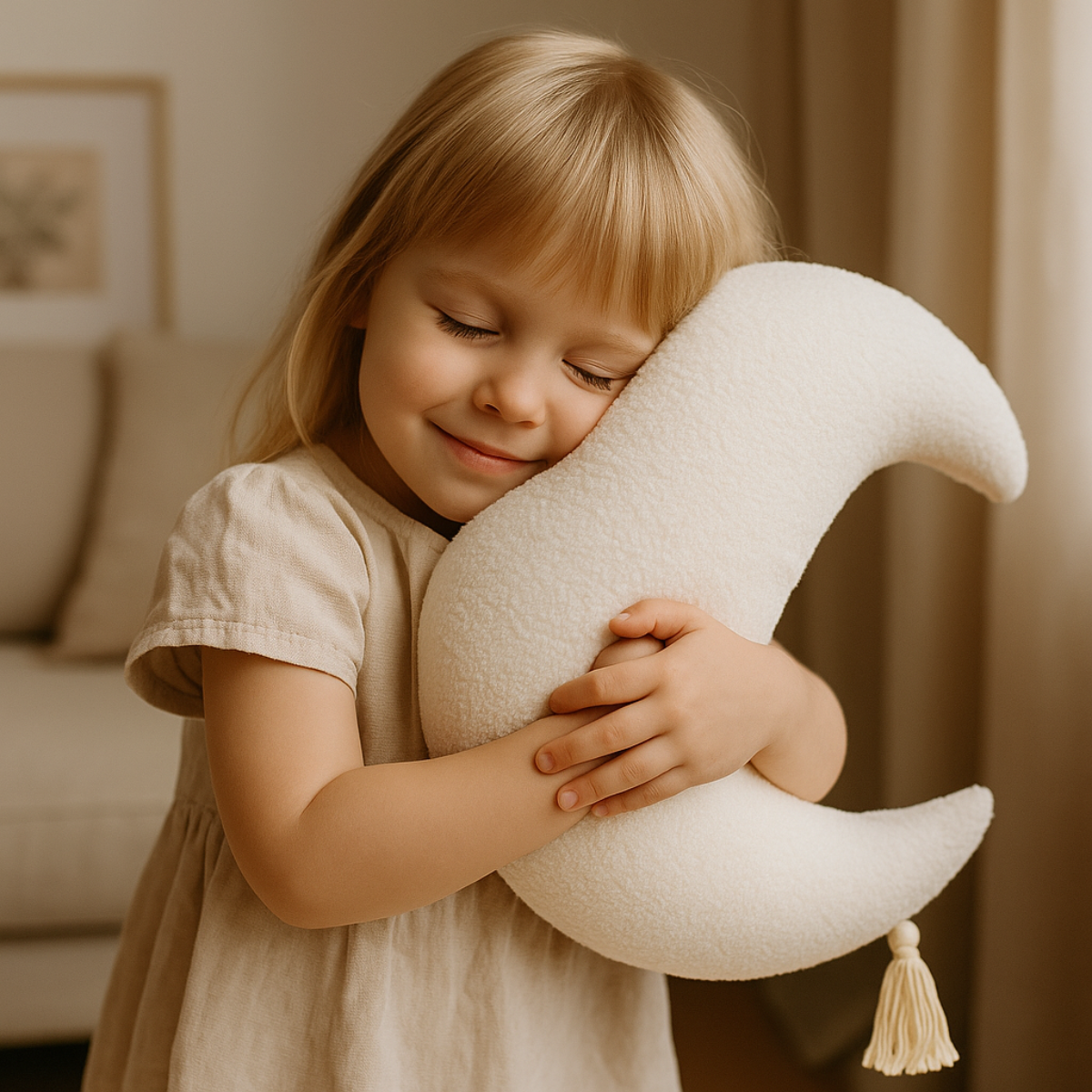 Sierkussen Maan – Kussentje - Teddy Bouclé – Ø 50 cm – Crème – met kwastje