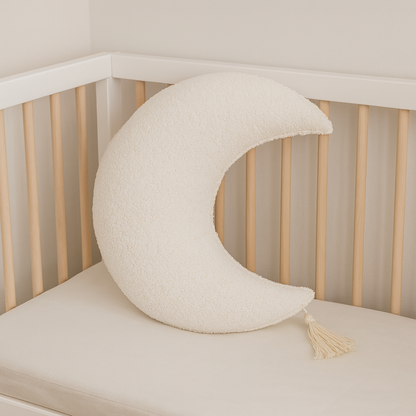 Sierkussen Maan – Kussentje - Teddy Bouclé – Ø 50 cm – Crème – met kwastje