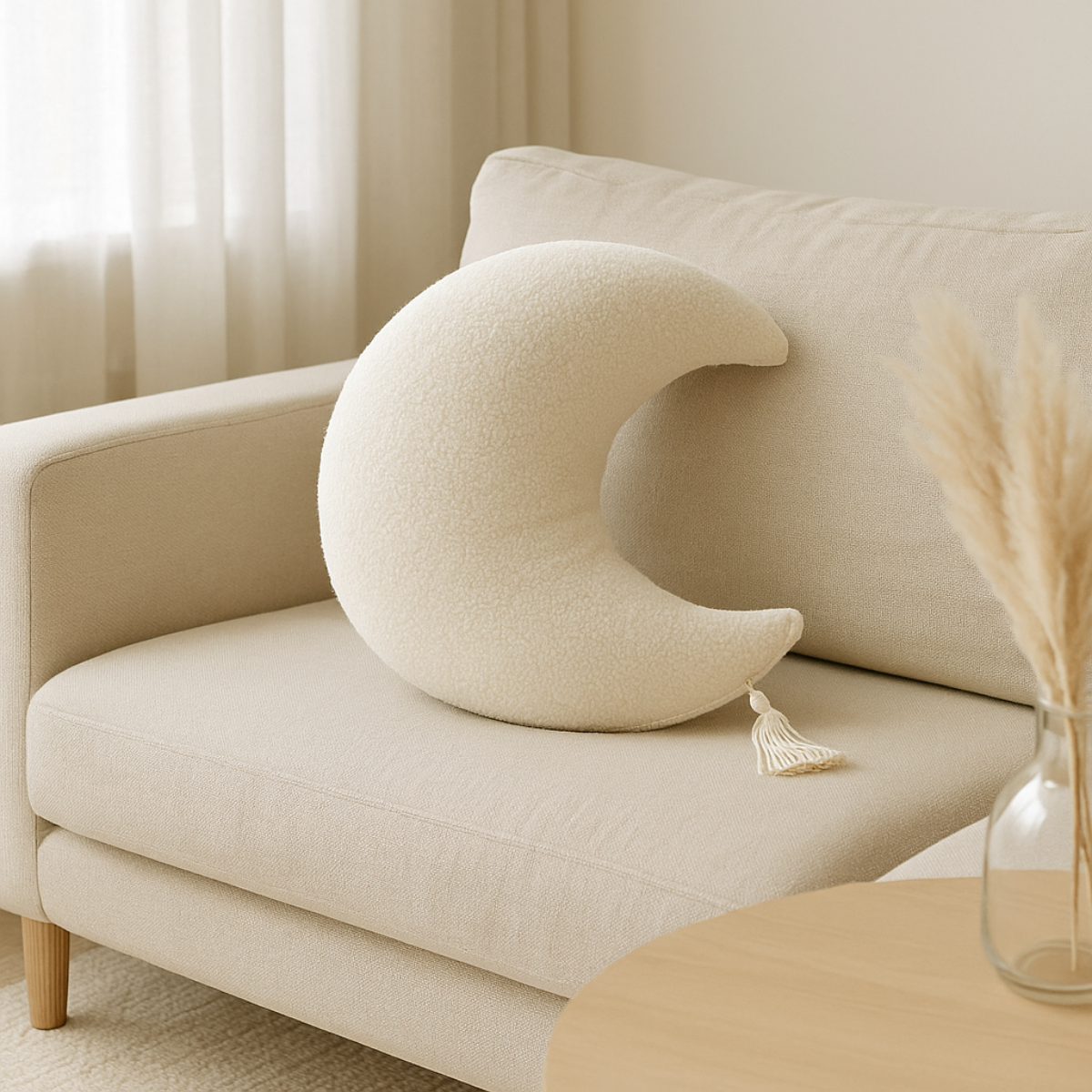 Sierkussen Maan – Kussentje - Teddy Bouclé – Ø 50 cm – Crème – met kwastje