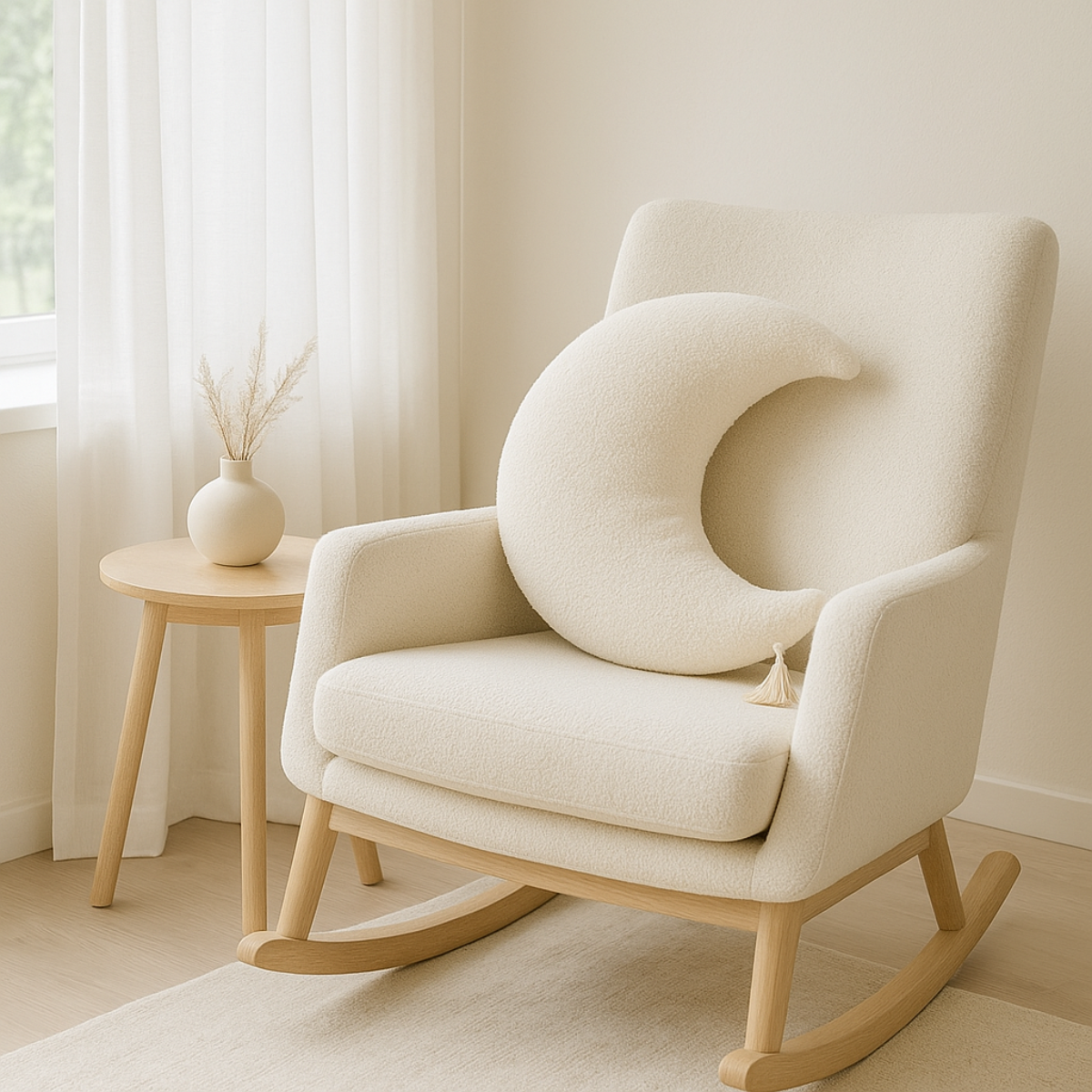 Sierkussen Maan – Kussentje - Teddy Bouclé – Ø 50 cm – Crème – met kwastje