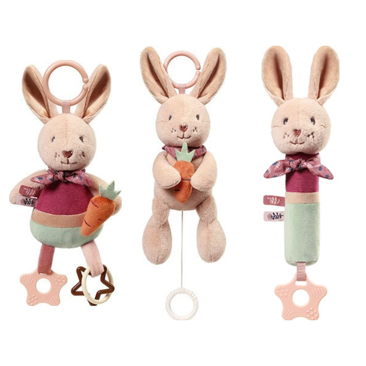 Rabbit Karo set: hangspeeltje, muziekknuffel en piepknuffel