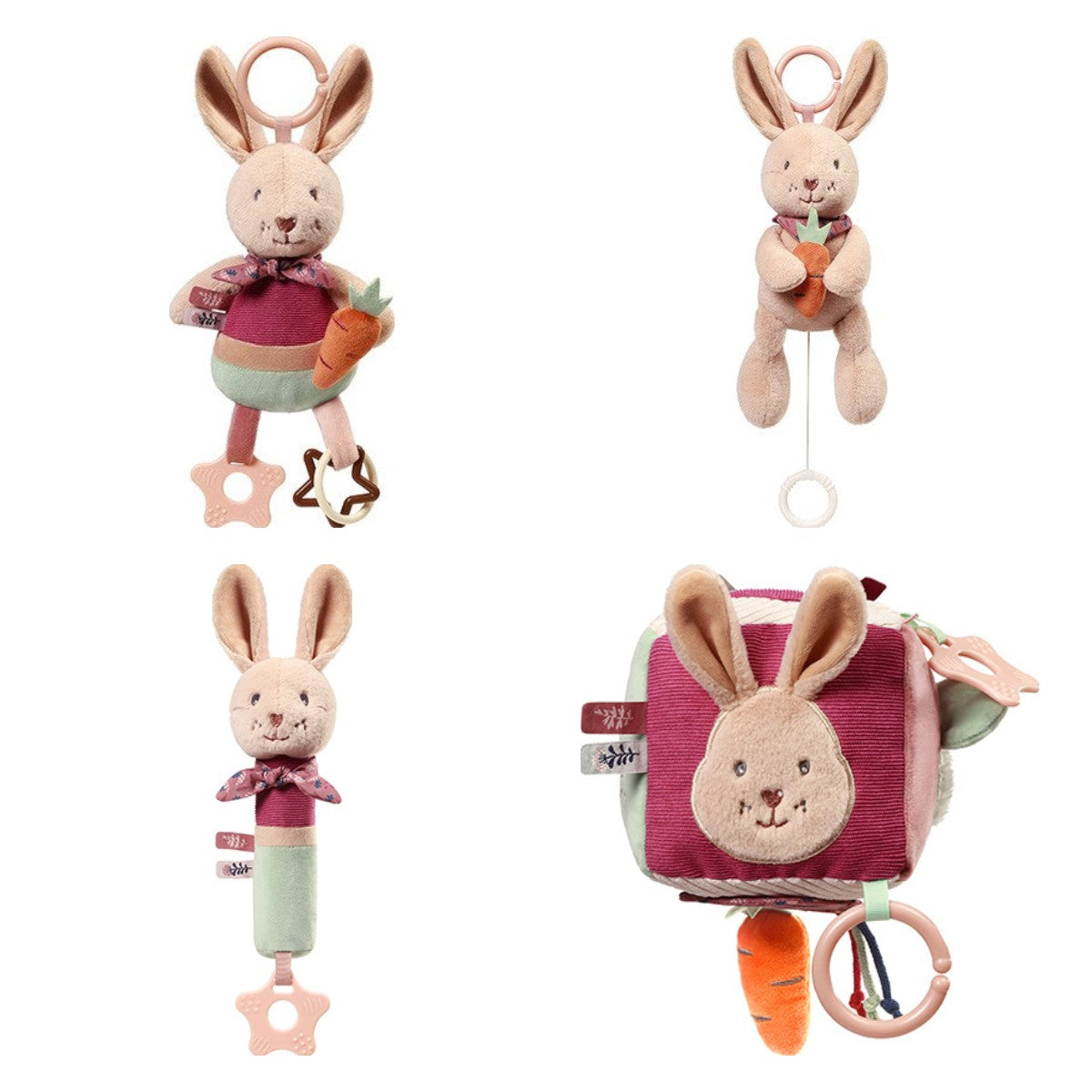 Rabbit Karo set: hangspeeltje, muziekknuffel, piepknuffel en activiteitenkubus