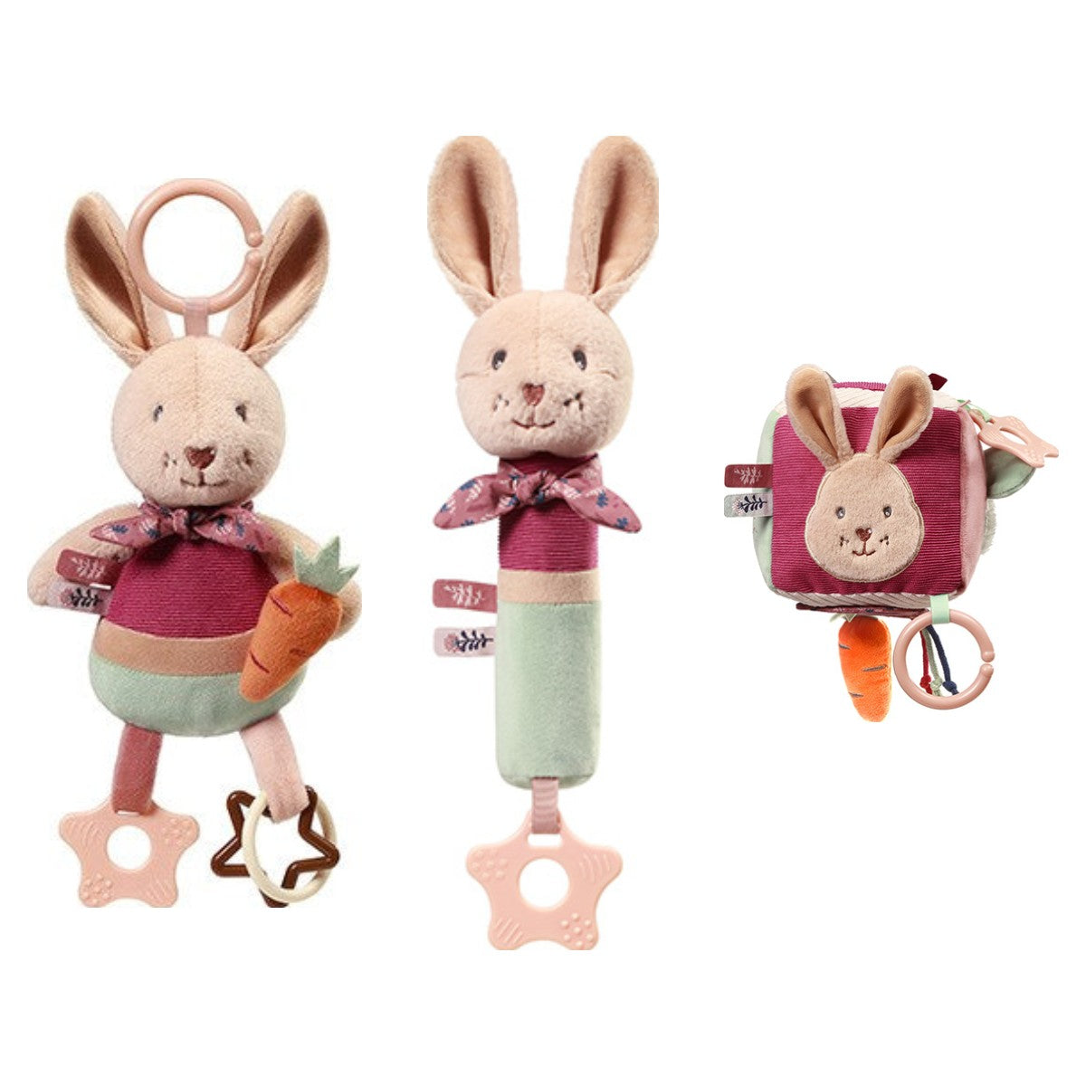 Rabbit Karo set: hangspeeltje, piepknuffel en activiteitenkubus