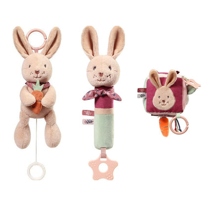 Rabbit Karo set: muziekknuffel, piepknuffel en activiteitenkubus